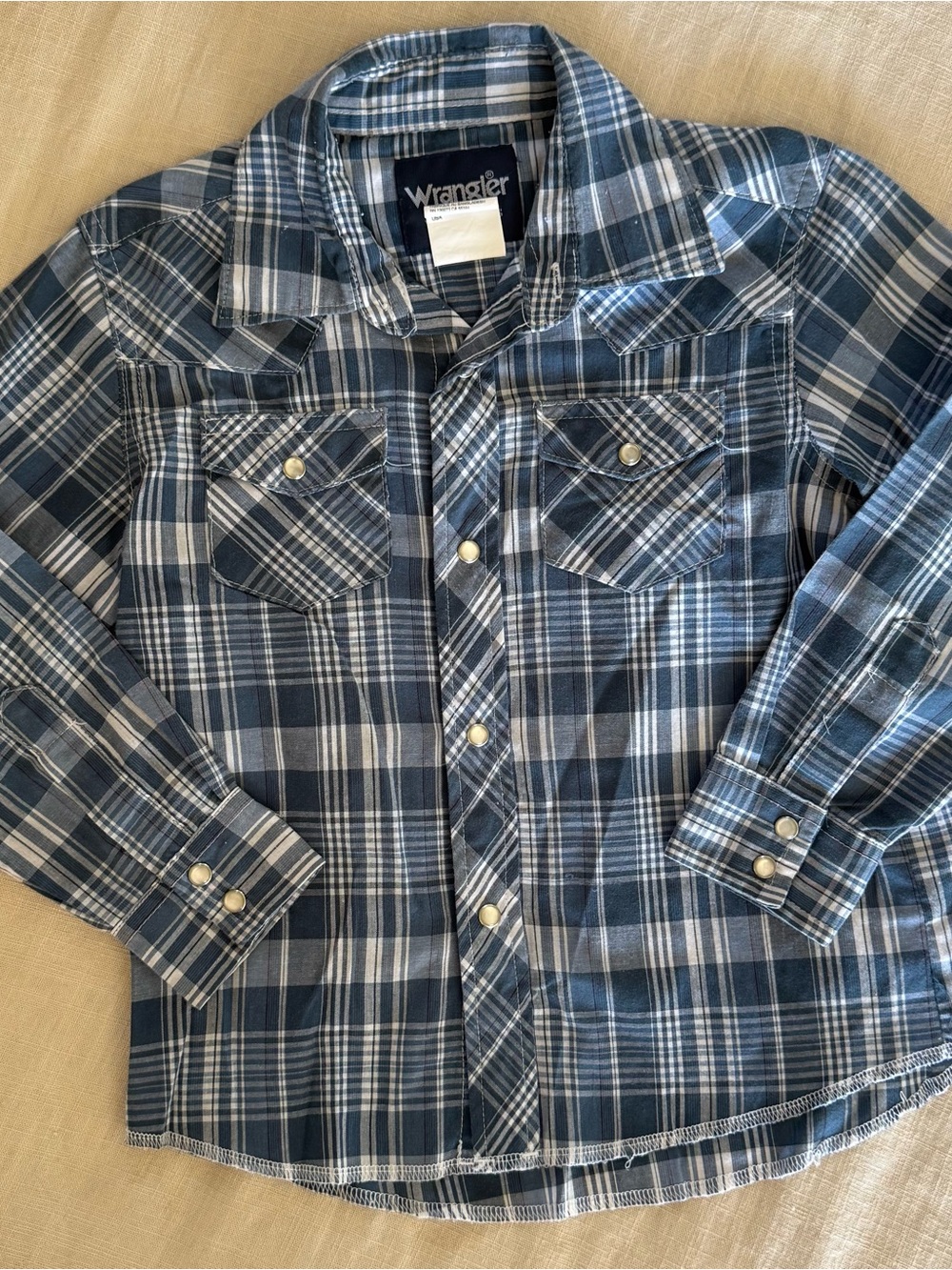 Boys Wrangler Blue and White Plaid Button-Down Shirt
